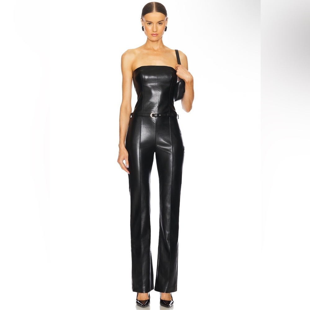 Amanda Uprichard Amoret Black Faux Leather Soft Strapless Revolve Jumpsuit Large